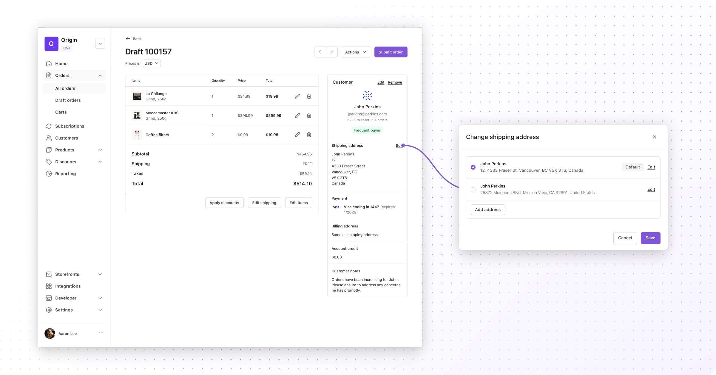 Swell's user interface of the orders view with a Change shipping address modal