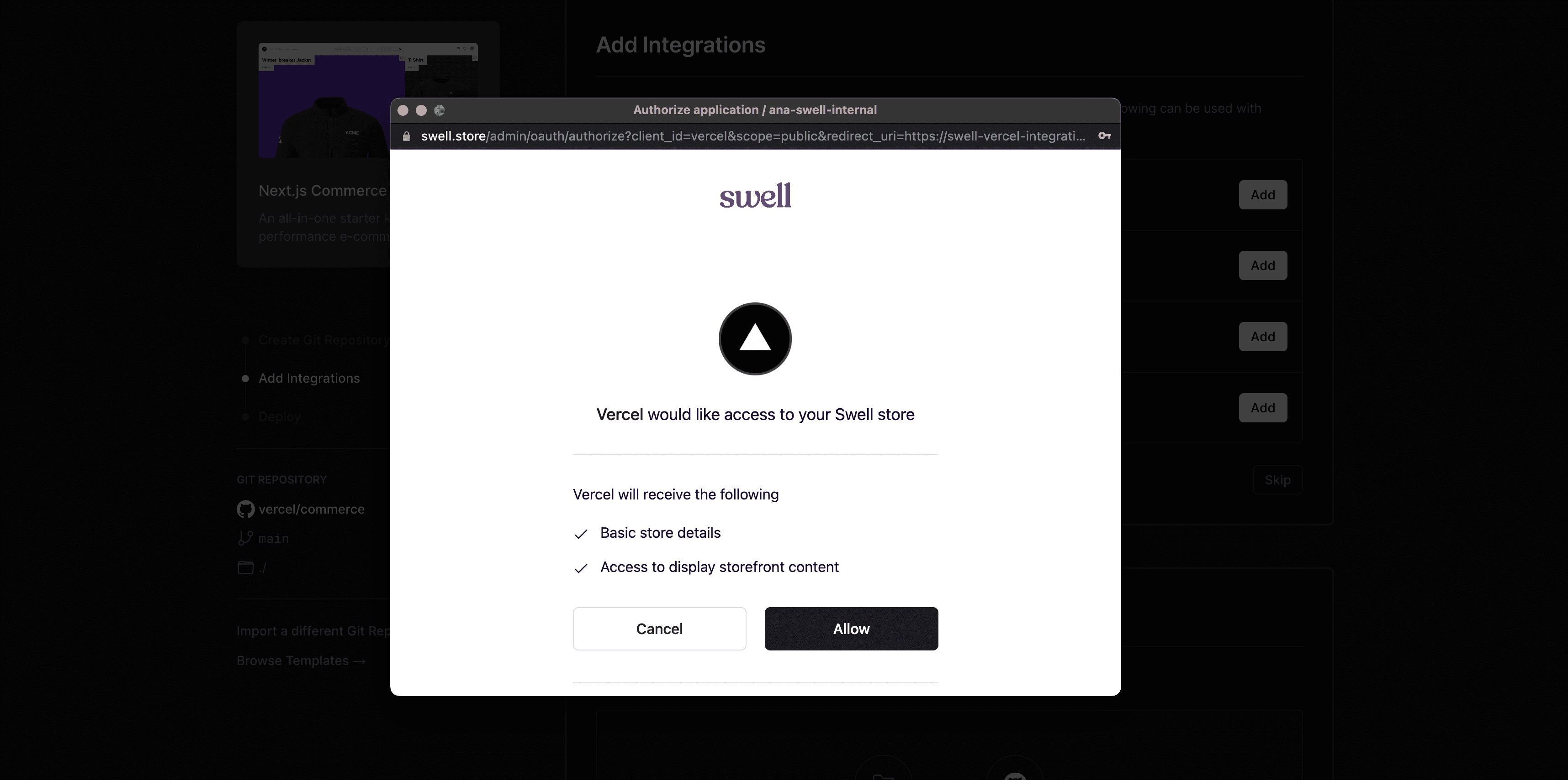 Image showing all the information that Vercel needs to access to in Swell.