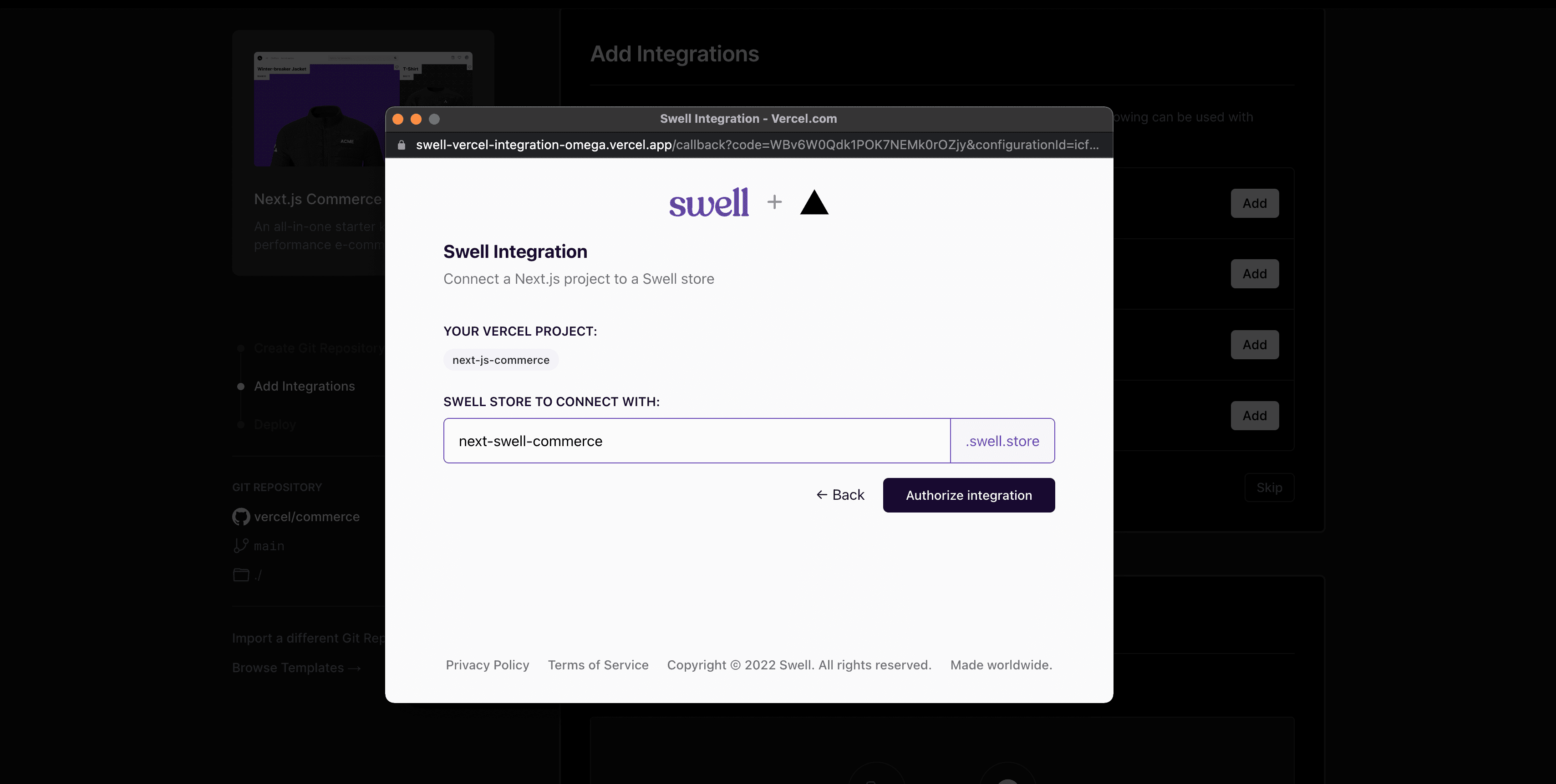 Image prompting te user to connect their swell store and authorize the integration.
